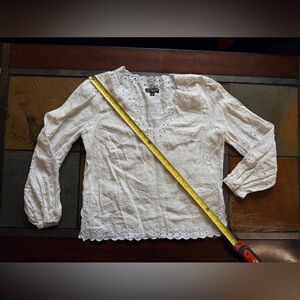 J crew 100% linen eyelet v neck beige long sleeve top cottage core minimalist S